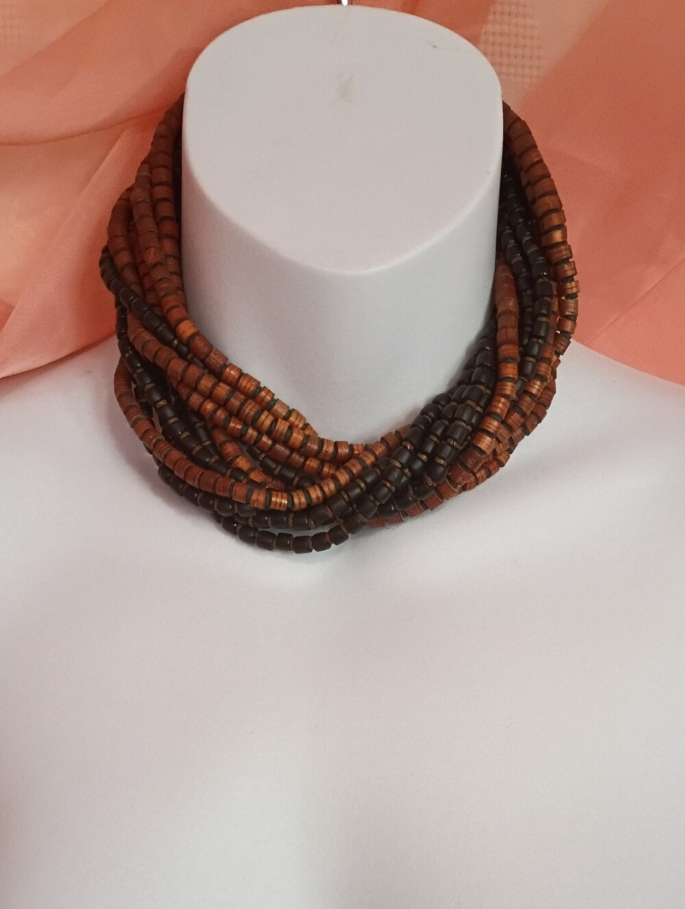 Multi-Strand Wood Bead Necklace in Brown